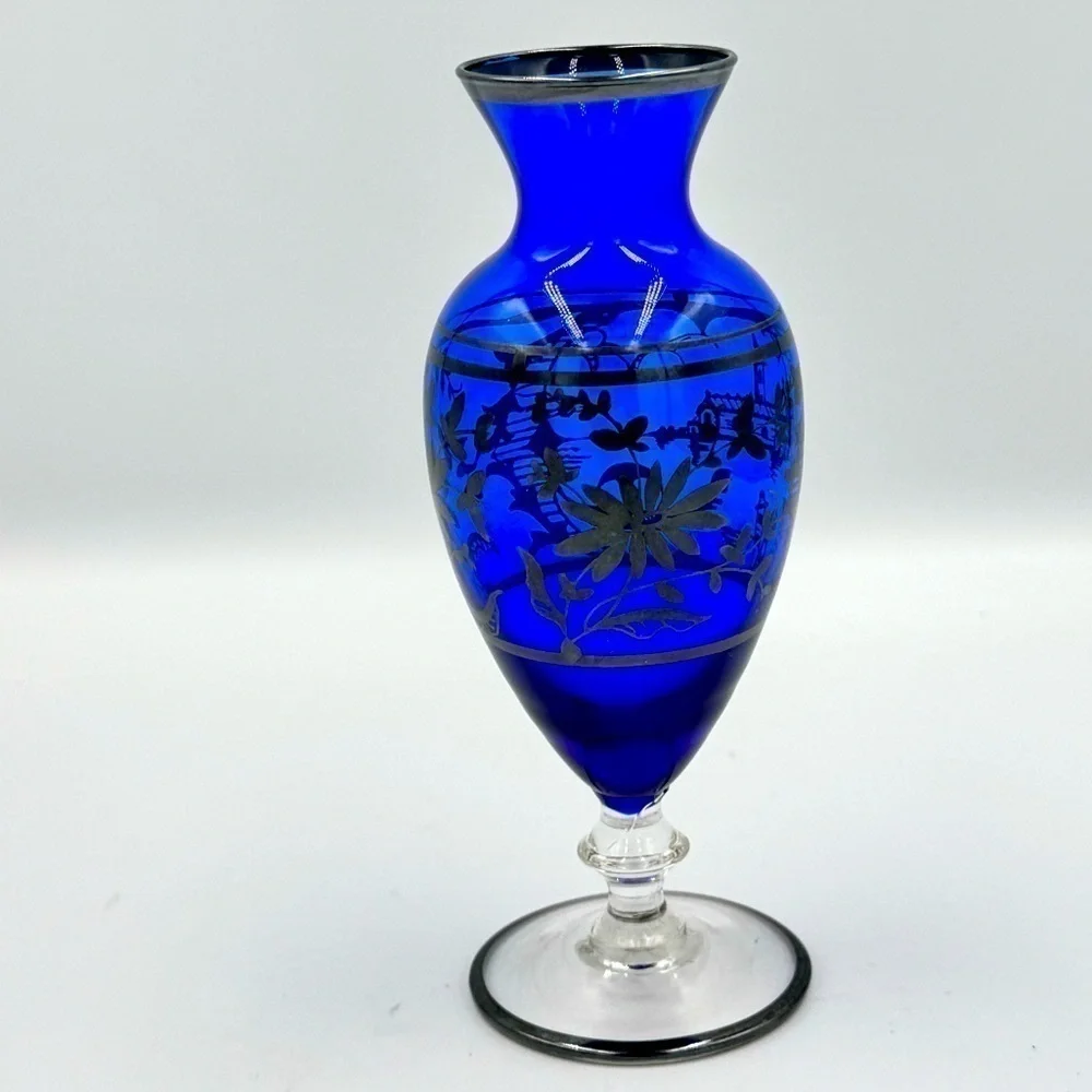 Vintage Cobalt Blue and Sterling Silver Overlay Floral Bud Vase